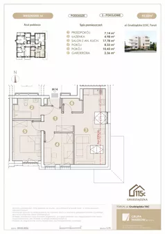 3 pokoje, mieszkanie 51,02 m², piętro 3, oferta nr 14, Grudziądzka 115 C, Toruń, Koniuchy, ul. Grudziądzka 115c