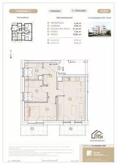 3 pokoje, mieszkanie 51,67 m², piętro 3, oferta nr 15, Grudziądzka 115 C, Toruń, Koniuchy, ul. Grudziądzka 115c
