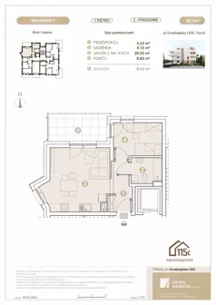 2 pokoje, mieszkanie 39,13 m², piętro 1, oferta nr 8, Grudziądzka 115 C, Toruń, Koniuchy, ul. Grudziądzka 115c