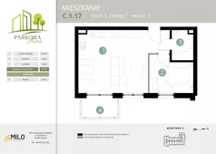 2 pokoje, mieszkanie 40,73 m², piętro 1, oferta nr C.1.17, Parkowa Aura, Wrocław, Maślice, Fabryczna, Aleja Śliwowa 48a