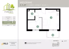 2 pokoje, mieszkanie 32,28 m², piętro 1, oferta nr C.1.27, Parkowa Aura, Wrocław, Maślice, Fabryczna, Aleja Śliwowa 48a