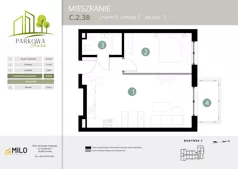 2 pokoje, mieszkanie 46,45 m², piętro 2, oferta nr C.2.38, Parkowa Aura, Wrocław, Maślice, Fabryczna, Aleja Śliwowa 48a