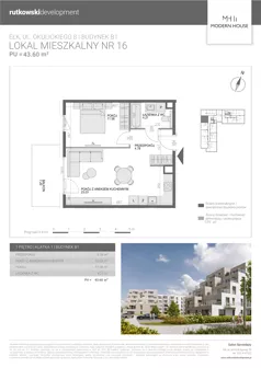 2 pokoje, mieszkanie 43,60 m², piętro 1, oferta nr M16, Modern House 2, Ełk, Konieczki, ul. Gen. Leopolda Okulickiego 8