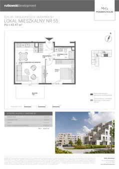 2 pokoje, mieszkanie 43,47 m², piętro 3, oferta nr M55, Modern House 2, Ełk, Konieczki, ul. Gen. Leopolda Okulickiego 8