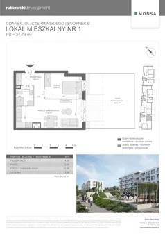 2 pokoje, mieszkanie 34,79 m², parter, oferta nr M1, Monsa etap 6, Gdańsk, Jasień, Rębowo, ul. Konrada Guderskiego
