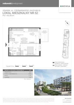 2 pokoje, mieszkanie 40,09 m², piętro 2, oferta nr M52, Monsa etap 6, Gdańsk, Jasień, Rębowo, ul. Konrada Guderskiego