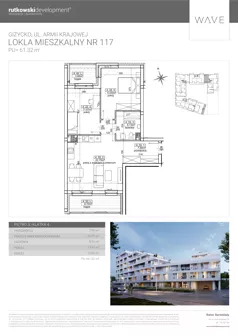 3 pokoje, apartament 61,32 m², piętro 3, oferta nr M117, Wave - Etap 1, Giżycko, ul. Armii Krajowej