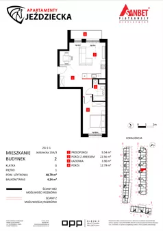 2 pokoje, mieszkanie 48,79 m², piętro 1, oferta nr 13A/3, Apartamenty Jeździecka, Wrocław, Krzyki-Partynice, Krzyki, ul. Jeździecka
