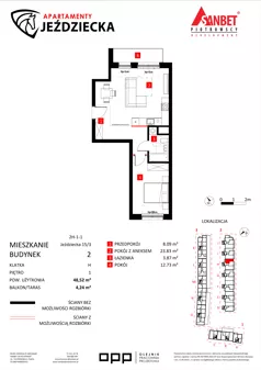 2 pokoje, mieszkanie 48,52 m², piętro 1, oferta nr 15/3, Apartamenty Jeździecka, Wrocław, Krzyki-Partynice, Krzyki, ul. Jeździecka