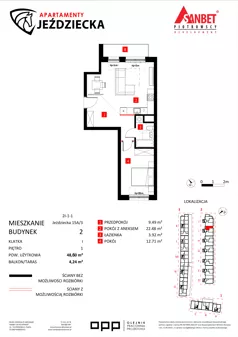 2 pokoje, mieszkanie 48,60 m², piętro 1, oferta nr 15A/3, Apartamenty Jeździecka, Wrocław, Krzyki-Partynice, Krzyki, ul. Jeździecka