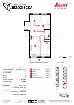 3 pokoje, mieszkanie 66,33 m², piętro 4, oferta nr 11A/12, Apartamenty Jeździecka, Wrocław, Krzyki-Partynice, Krzyki, ul. Jeździecka