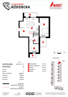 3 pokoje, mieszkanie 61,63 m², piętro 1, oferta nr 17/3, Apartamenty Jeździecka, Wrocław, Krzyki-Partynice, Krzyki, ul. Jeździecka