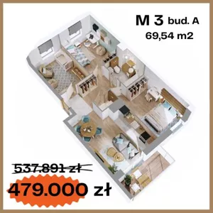 Mieszkanie czteropokojowe 69,54 m², Ostrów Mazowiecka, płk. Dyplomowanego Ludwika Bociańskiego, Sprzedaż