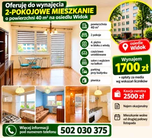Mieszkanie dwupokojowe 40,00 m², Kalisz, Widok, Wynajem