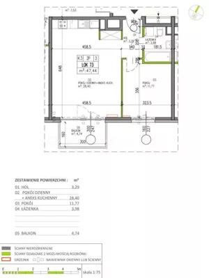 Mieszkanie dwupokojowe 47,44 m², Warszawa, Białołęka, Sprzedaż