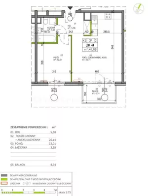 Mieszkanie dwupokojowe 47,68 m², Warszawa, Białołęka, Sprzedaż