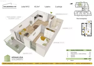 Mieszkanie dwupokojowe 43,30 m², Kraków, Podgórze Duchackie, Malborska, Sprzedaż