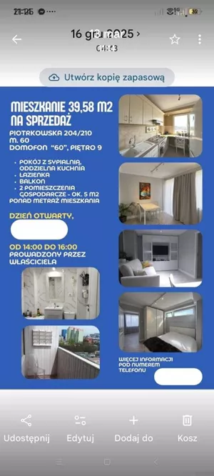 Mieszkanie dwupokojowe 39,58 m², Łódź, Piotrkowska, Sprzedaż