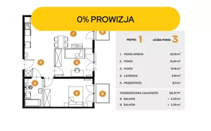 Mieszkanie trzypokojowe 56,47 m², Kraków, Bronowice, Na Błonie, Sprzedaż