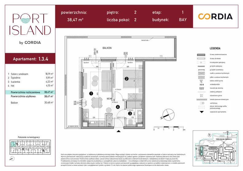 2 pokoje, apartament inwestycyjny 38,47 m², piętro 2, oferta nr 1.3.4, Port Island - apartamenty inwestycyjne, Gdańsk, Stogi, Krakowiec, ul. Wydmy 3