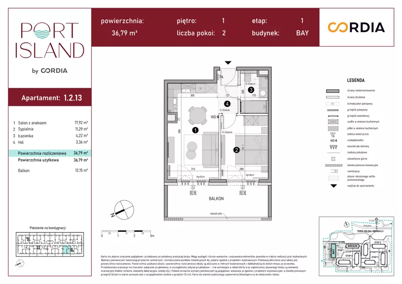 2 pokoje, apartament inwestycyjny 36,79 m², piętro 1, oferta nr 1.2.13, Port Island - apartamenty inwestycyjne, Gdańsk, Stogi, Krakowiec, ul. Wydmy 3