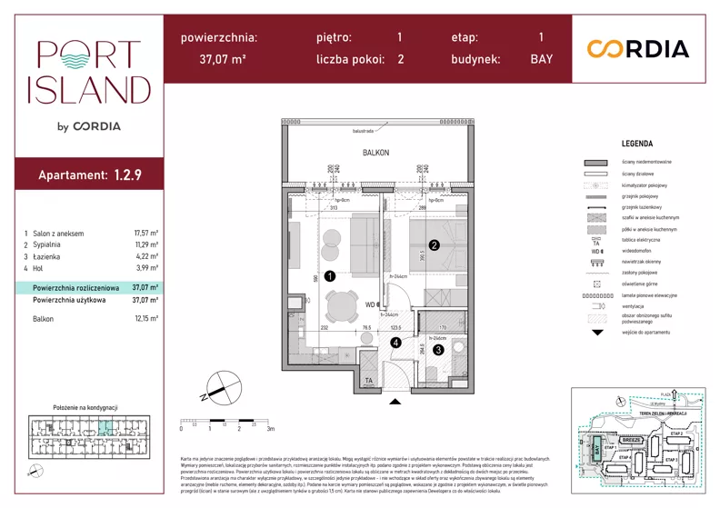 2 pokoje, apartament inwestycyjny 37,07 m², piętro 1, oferta nr 1.2.9, Port Island - apartamenty inwestycyjne, Gdańsk, Stogi, Krakowiec, ul. Wydmy 3