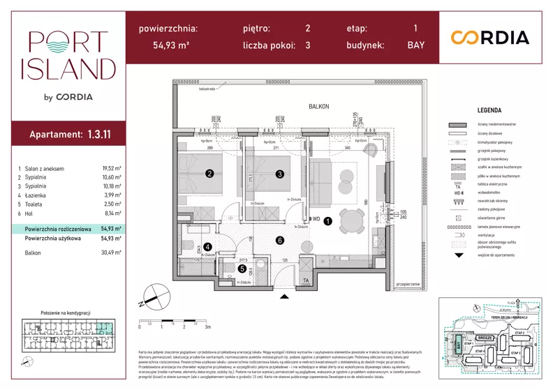 3 pokoje, apartament inwestycyjny 54,93 m², piętro 2, oferta nr 1.3.11, Port Island - apartamenty inwestycyjne, Gdańsk, Stogi, Krakowiec, ul. Wydmy 3