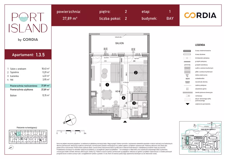 2 pokoje, apartament inwestycyjny 37,89 m², piętro 2, oferta nr 1.3.5, Port Island - apartamenty inwestycyjne, Gdańsk, Stogi, Krakowiec, ul. Wydmy 3