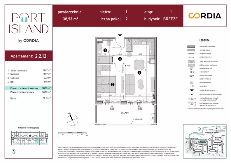 2 pokoje, apartament inwestycyjny 38,93 m², piętro 1, oferta nr 2.2.12, Port Island - apartamenty inwestycyjne, Gdańsk, Stogi, Krakowiec, ul. Wydmy 3