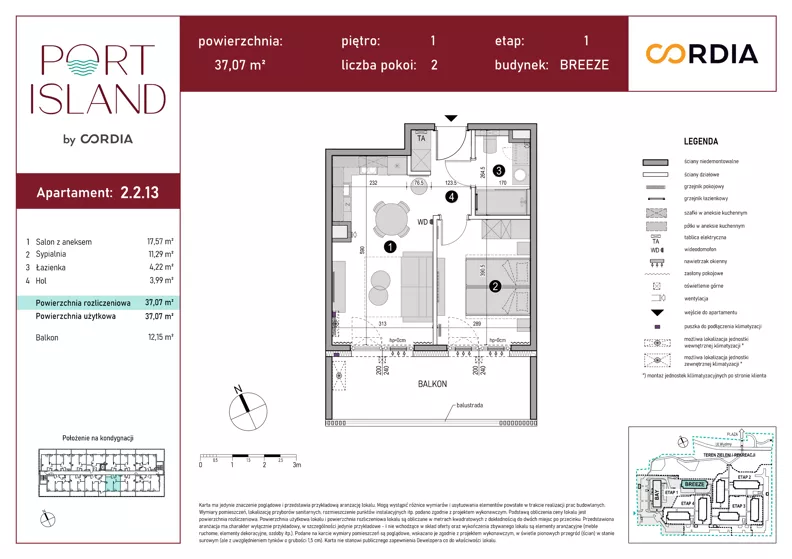 2 pokoje, apartament inwestycyjny 37,07 m², piętro 1, oferta nr 2.2.13, Port Island - apartamenty inwestycyjne, Gdańsk, Stogi, Krakowiec, ul. Wydmy 3
