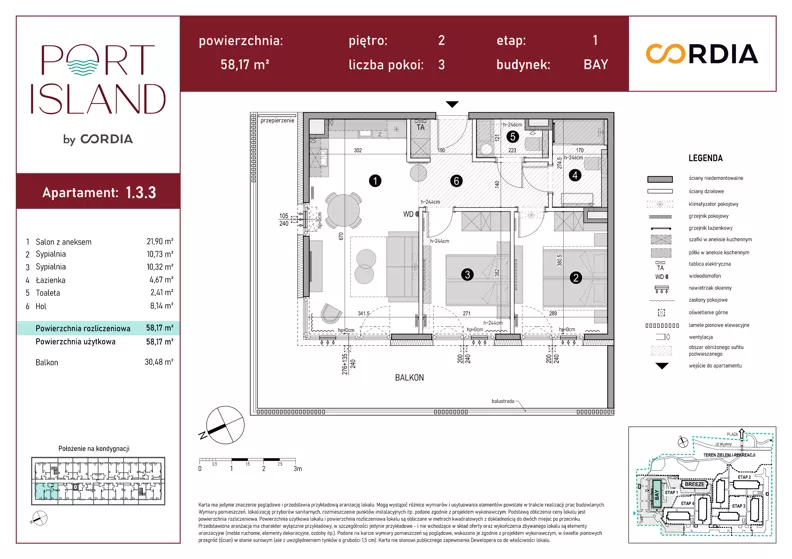 3 pokoje, apartament inwestycyjny 58,17 m², piętro 2, oferta nr 1.3.3, Port Island - apartamenty inwestycyjne, Gdańsk, Stogi, Krakowiec, ul. Wydmy 3