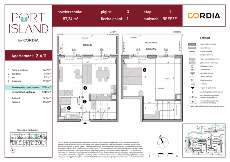 1 pokój, apartament inwestycyjny 57,24 m², piętro 3, oferta nr 2.4.11, Port Island - apartamenty inwestycyjne, Gdańsk, Stogi, Krakowiec, ul. Wydmy 3