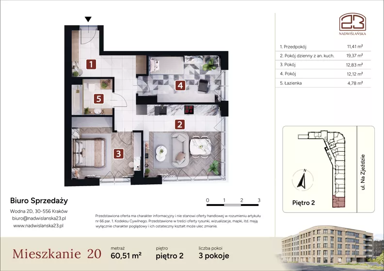 3 pokoje, mieszkanie 60,51 m², piętro 2, oferta nr 1.M20, Nadwiślańska 23, Kraków, Podgórze, ul. Nadwiślańska 23
