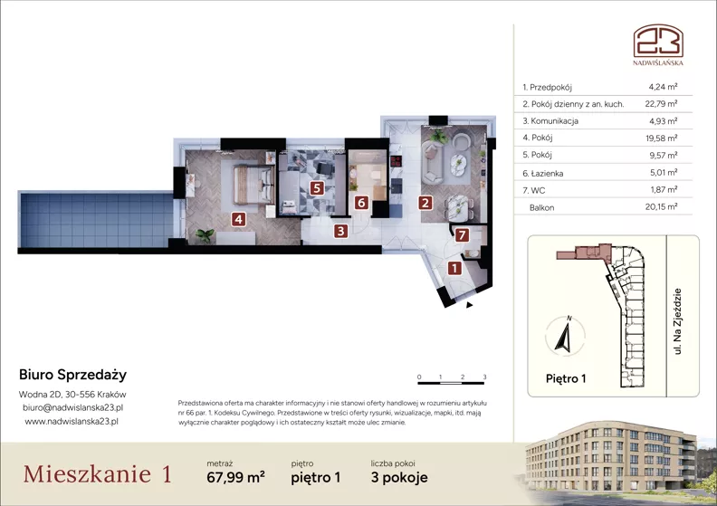 3 pokoje, mieszkanie 67,99 m², piętro 1, oferta nr M1, Nadwiślańska 23, Kraków, Podgórze, ul. Nadwiślańska 23