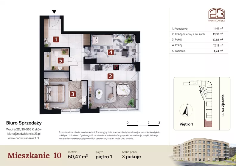 3 pokoje, mieszkanie 60,47 m², piętro 1, oferta nr M10, Nadwiślańska 23, Kraków, Podgórze, ul. Nadwiślańska 23