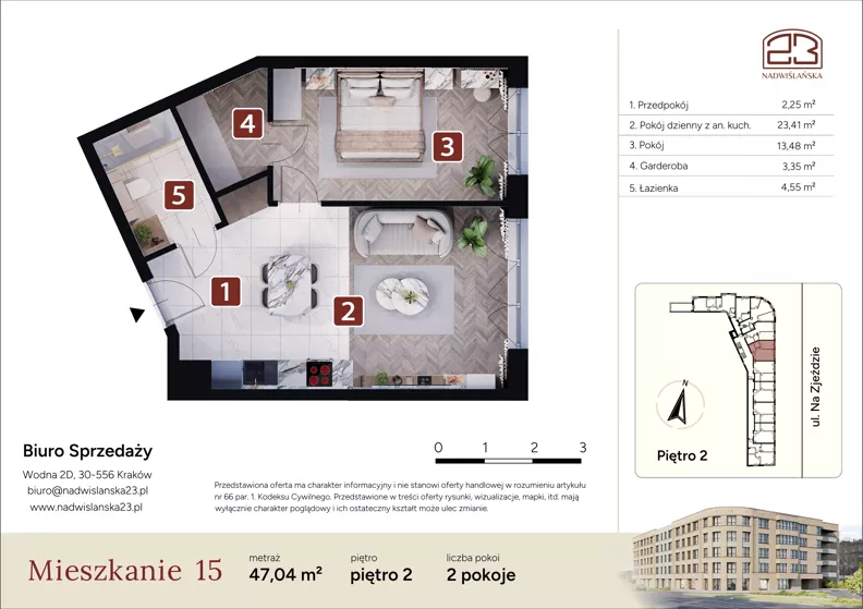 2 pokoje, mieszkanie 47,04 m², piętro 2, oferta nr M15, Nadwiślańska 23, Kraków, Podgórze, ul. Nadwiślańska 23