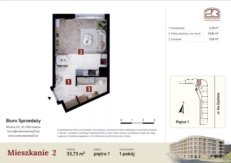 1 pokój, mieszkanie 33,73 m², piętro 1, oferta nr M2, Nadwiślańska 23, Kraków, Podgórze, ul. Nadwiślańska 23