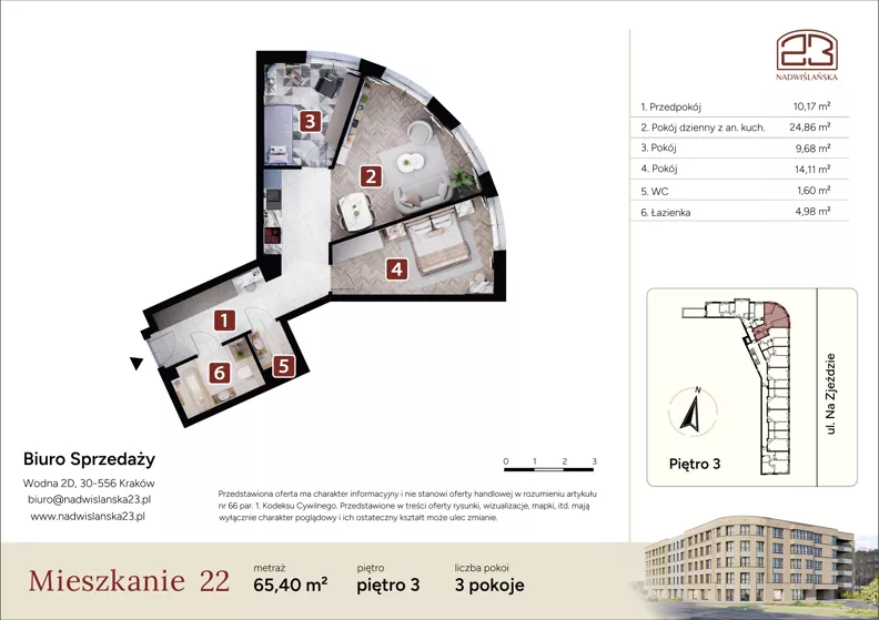 3 pokoje, mieszkanie 65,40 m², piętro 3, oferta nr M22, Nadwiślańska 23, Kraków, Podgórze, ul. Nadwiślańska 23