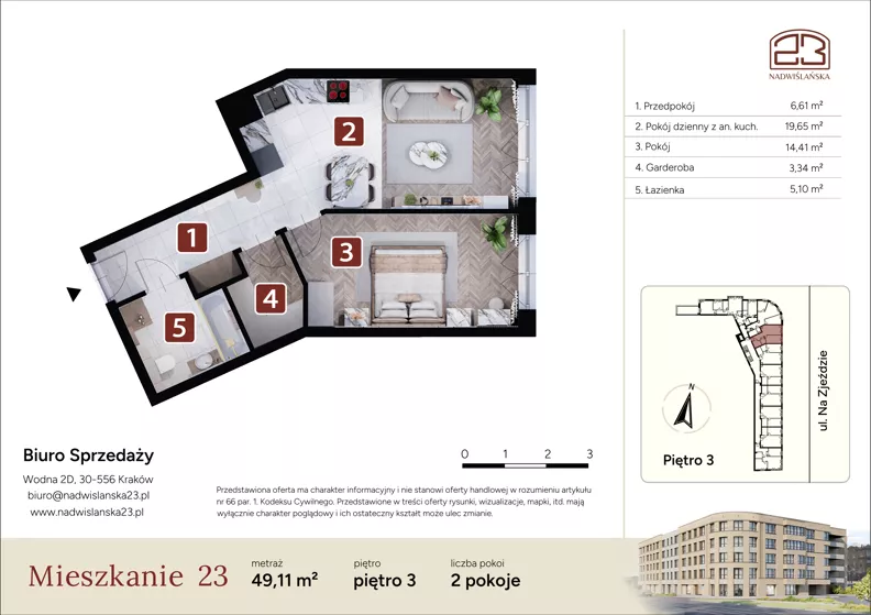 2 pokoje, mieszkanie 49,11 m², piętro 3, oferta nr M23, Nadwiślańska 23, Kraków, Podgórze, ul. Nadwiślańska 23