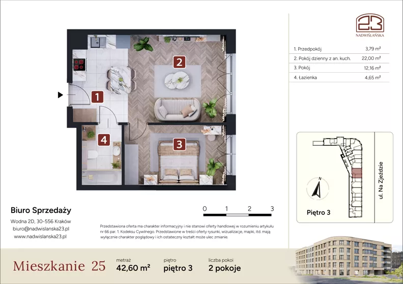 2 pokoje, mieszkanie 42,60 m², piętro 3, oferta nr M25, Nadwiślańska 23, Kraków, Podgórze, ul. Nadwiślańska 23