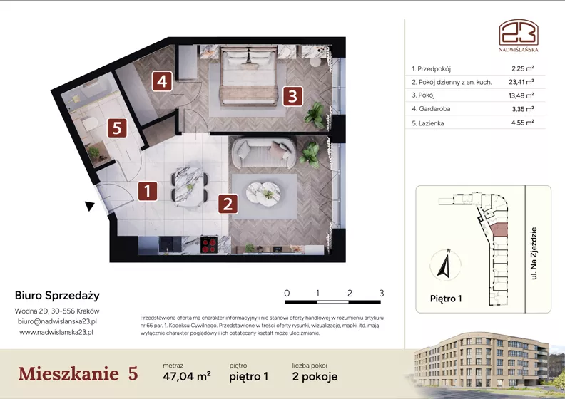 2 pokoje, mieszkanie 47,04 m², piętro 1, oferta nr M5, Nadwiślańska 23, Kraków, Podgórze, ul. Nadwiślańska 23