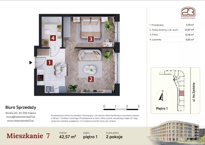 2 pokoje, mieszkanie 42,57 m², piętro 1, oferta nr M7, Nadwiślańska 23, Kraków, Podgórze, ul. Nadwiślańska 23
