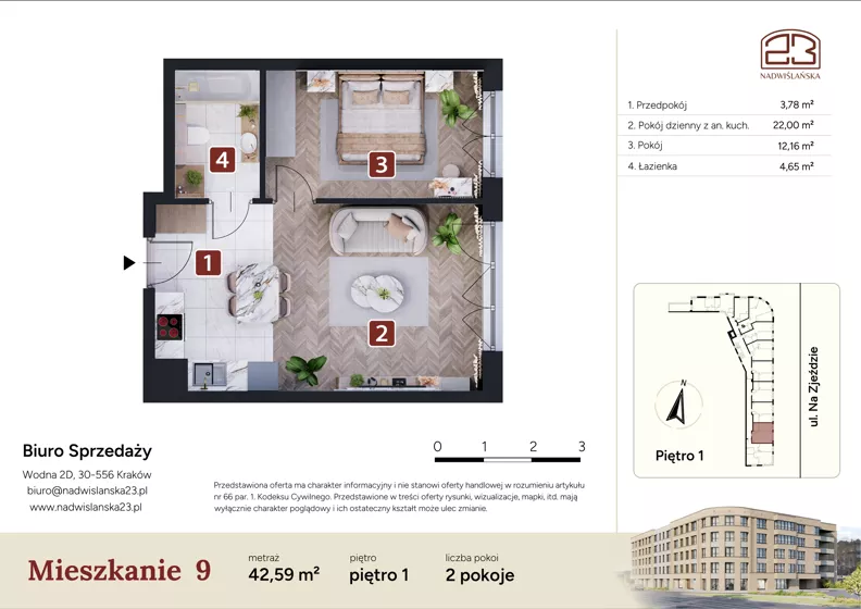 2 pokoje, mieszkanie 42,59 m², piętro 1, oferta nr M9, Nadwiślańska 23, Kraków, Podgórze, ul. Nadwiślańska 23