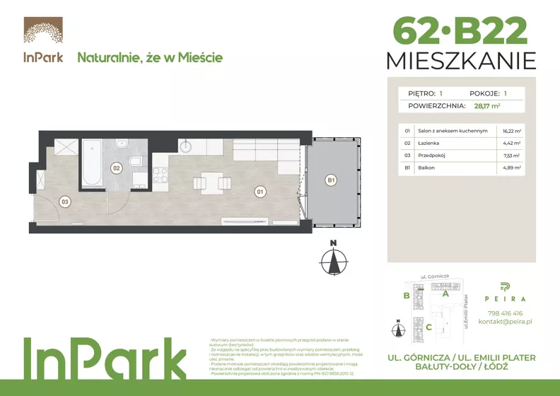 1 pokój, mieszkanie 28,17 m², piętro 1, oferta nr 62, InPark, Łódź, Bałuty, ul. Górnicza 31