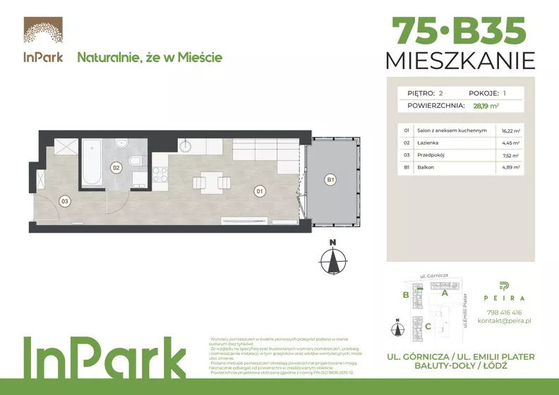 1 pokój, mieszkanie 28,19 m², piętro 2, oferta nr 75, InPark, Łódź, Bałuty, ul. Górnicza 31
