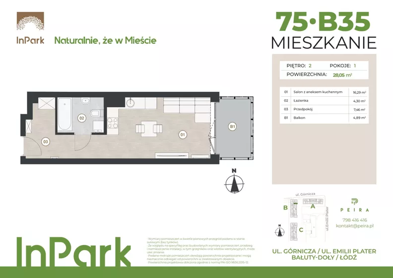 1 pokój, mieszkanie 28,19 m², piętro 2, oferta nr 75, InPark, Łódź, Bałuty, ul. Górnicza 31