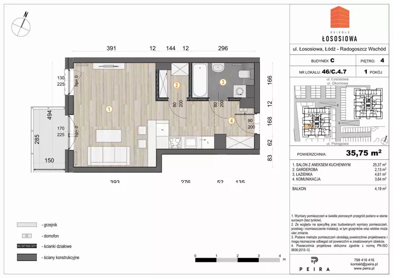 1 pokój, mieszkanie 36,03 m², piętro 4, oferta nr 46, Osiedle Łososiowa, Łódź, Bałuty, Radogoszcz, ul. Okoniowa 11-13