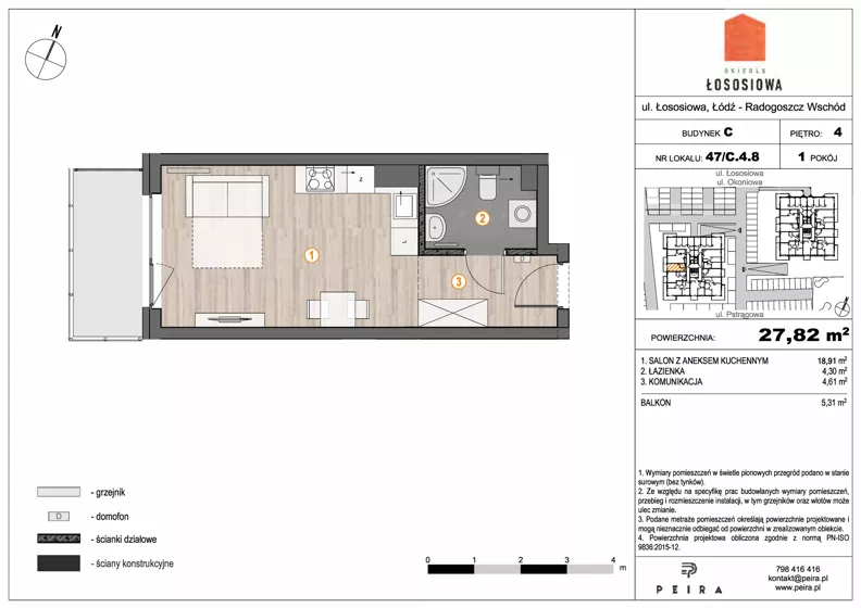 1 pokój, mieszkanie 27,82 m², piętro 4, oferta nr 47, Osiedle Łososiowa, Łódź, Bałuty, Radogoszcz, ul. Okoniowa 11-13
