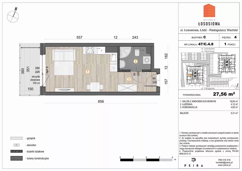 1 pokój, mieszkanie 27,82 m², piętro 4, oferta nr 47, Osiedle Łososiowa, Łódź, Bałuty, Radogoszcz, ul. Okoniowa 11-13