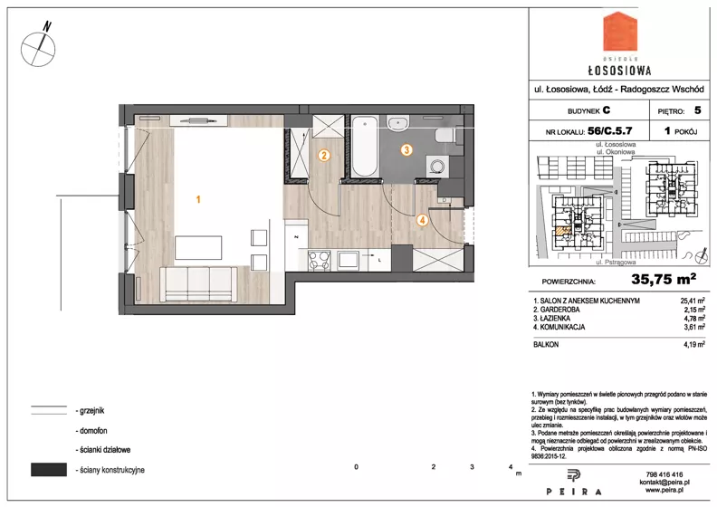 1 pokój, mieszkanie 35,95 m², piętro 5, oferta nr 56, Osiedle Łososiowa, Łódź, Bałuty, Radogoszcz, ul. Okoniowa 11-13